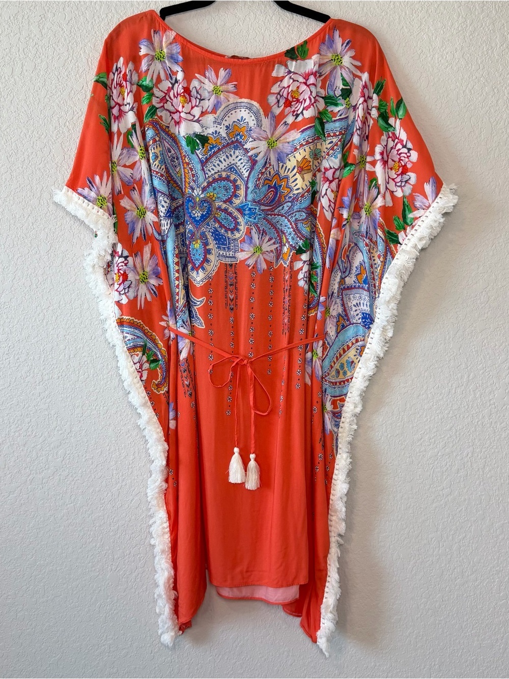 Johnny Was Boho Vibrant Coral Floral Kaftan Dress Size Small